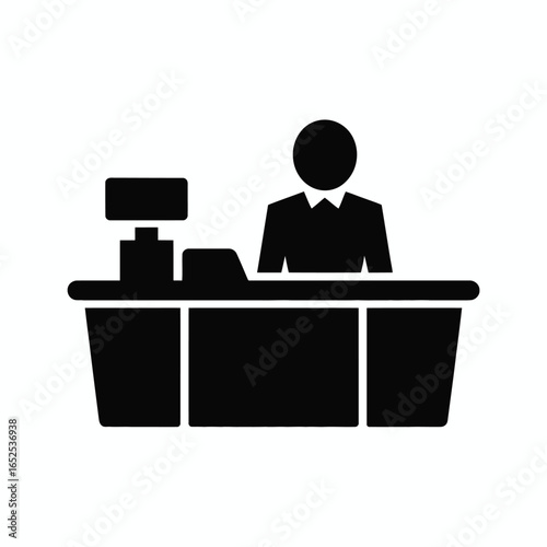 Black silhouette icon of a person at a cash register counter on white cashier