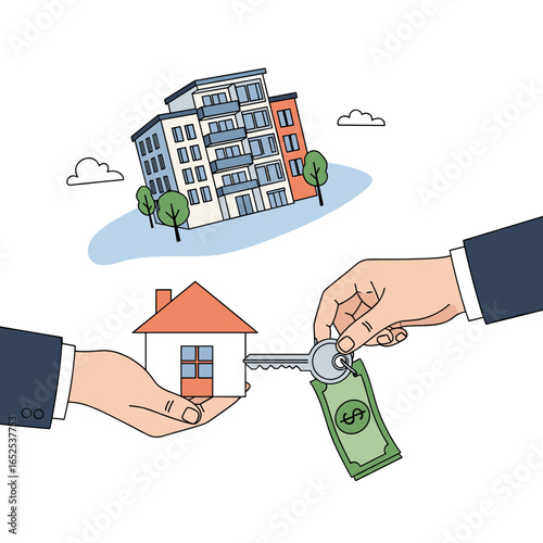 Real estate transaction with key exchange and money, securing new home ownership and dream