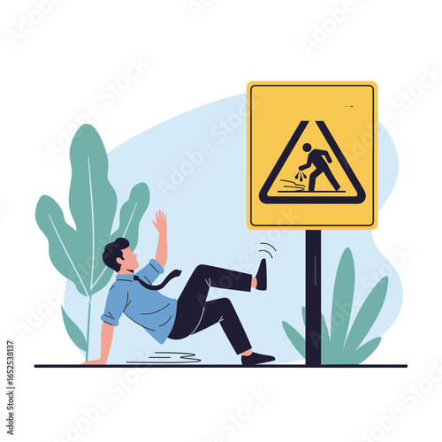 Watch your step! Man slips on wet floor with warning sign, cautionary workplace safety illustration