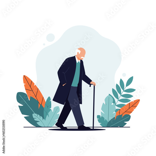 Elegant senior gentleman walking with cane through vibrant foliage, representing aging gracefully and vitality