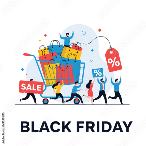 Excited shoppers rushing for Black Friday deals with shopping cart overflowing with bags and sale signs