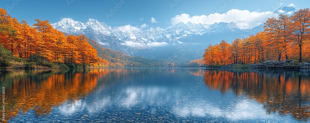Naklejka premium Scenic view of tranquil lake surrounded by autumn forest and snowy mountains