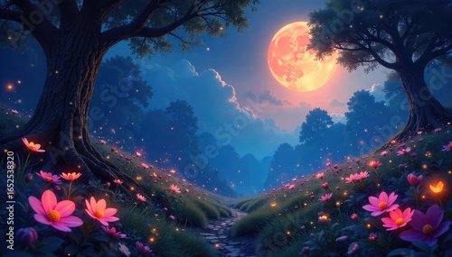 A mystical enchanted garden at twilight, glowing flowers, fireflies, and whimsical creatures illuminate the scene Magic abounds in this fantastical landscape , fairy, glowing plants