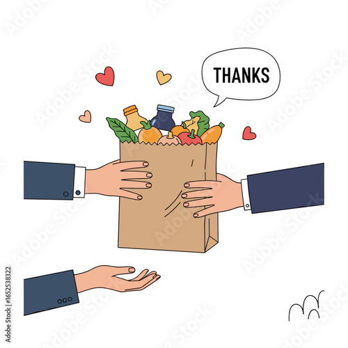 Offering a grocery bag filled with healthy food while expressing thanks and gratitude with hearts