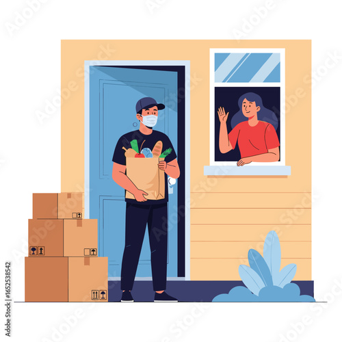Safe grocery delivery with masked courier bringing fresh food to happy home customer during pandemic