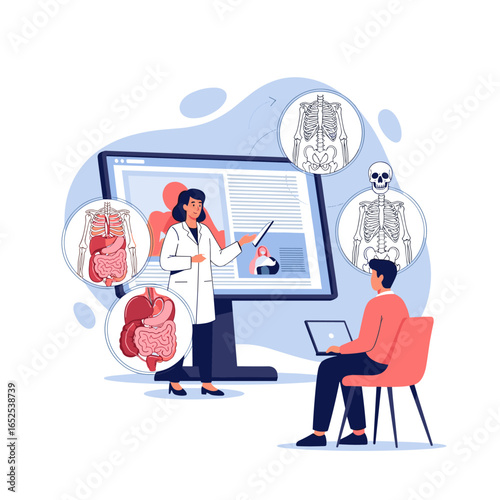 Doctor educates patient on anatomy via digital presentation in modern medical setting
