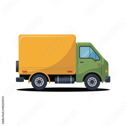 Green and yellow delivery truck viewed from the side on white background cargo truck