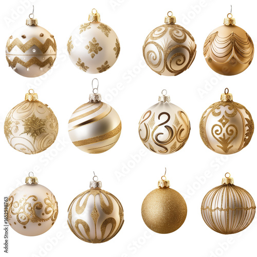 luxury Christmas ornaments, golden and white theme, glass baubles