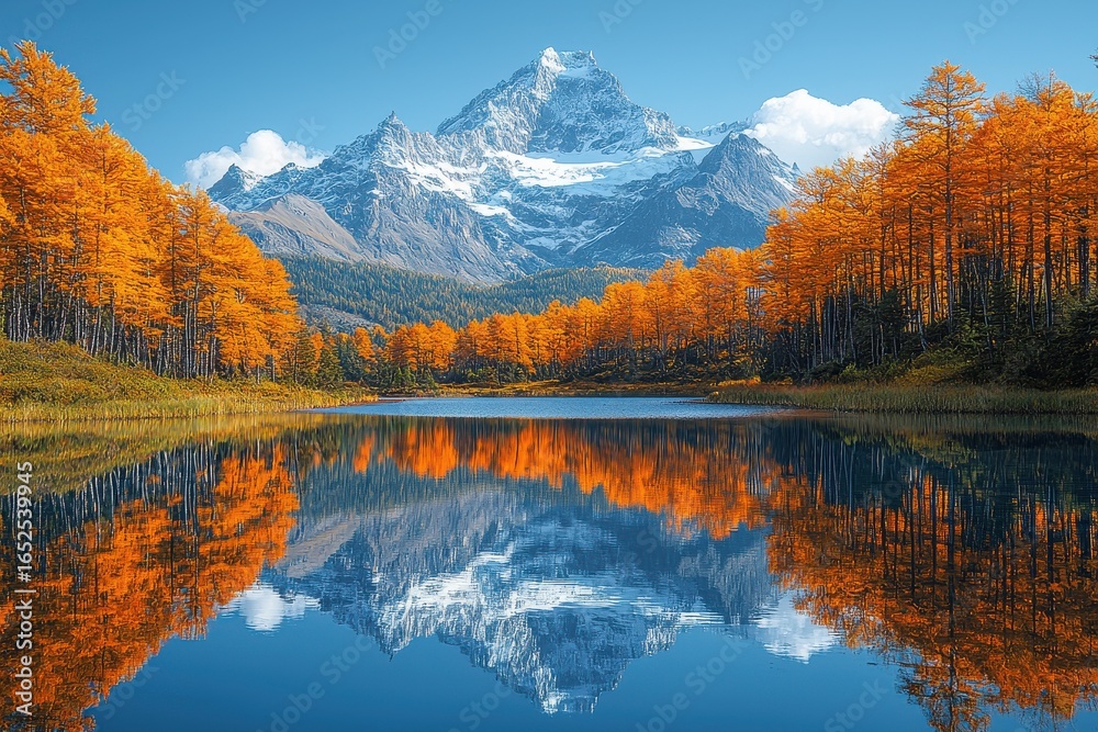 Fototapeta premium Serene mountain reflection in lake amid vibrant autumn foliage