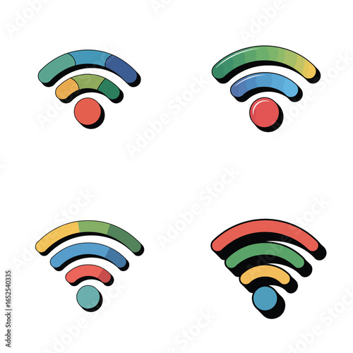 Four colorful Wi- Fi signal icons with gradient segments and a red dot Wi-Fi wireless