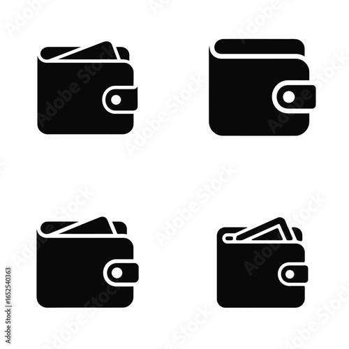 Four black silhouette icons of wallets with some showing contents money finance