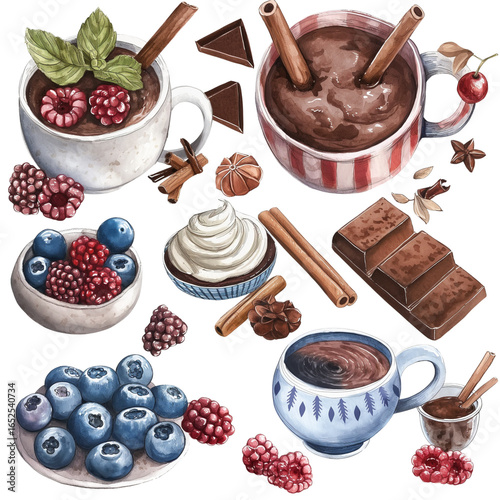 winter breakfast set, porridge, berries, hot cocoa, cinnamon, rustic style
