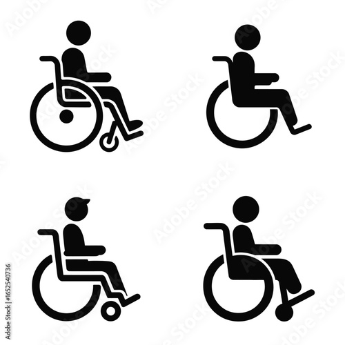Four black silhouette icons of people in wheelchairs on a white background disability