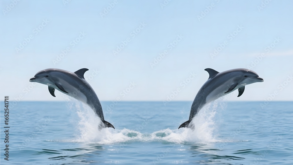Fototapeta premium Two dolphins leap gracefully out of the ocean under a clear blue sky.