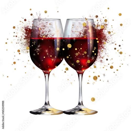 Christmas and New Year wine glasses, red wine, golden sparkle