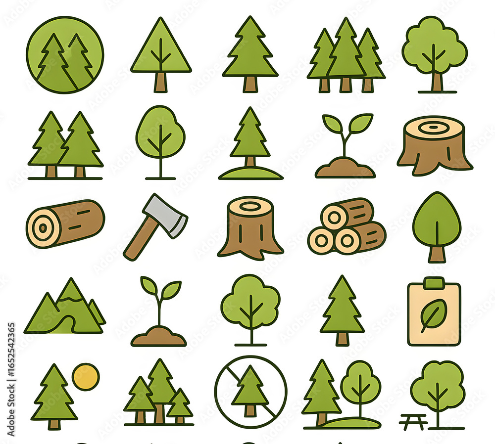 Obraz premium Collection of stylized flat design icons representing various trees forests tree stumps logs an axe and sprouting plants on a dark background