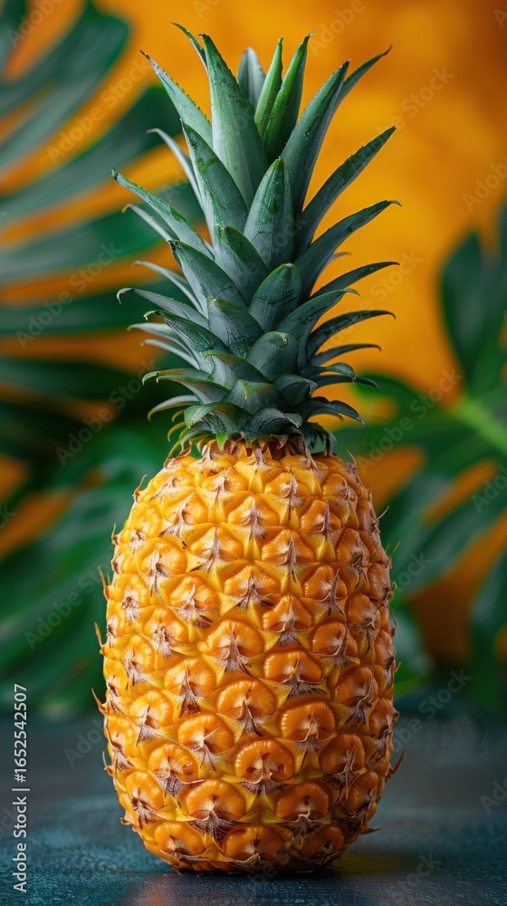 Fototapeta premium A single pineapple with leaves on a colorful background