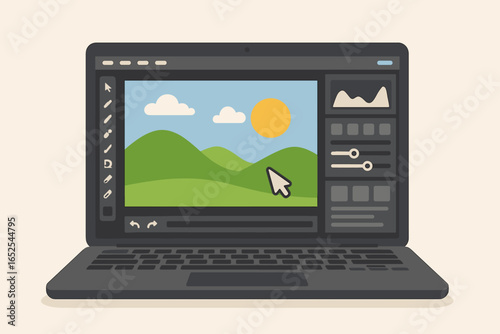Photo editing software on laptop screen. Concept for digital image manipulation, retouching, post production. Graphic design and photography workflow with computer application.