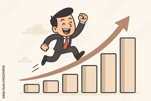 Business success metaphor. Businessman running up an ascending arrow over a bar chart. Concept for growth, career progress, financial profit, goal achievement, and milestones.