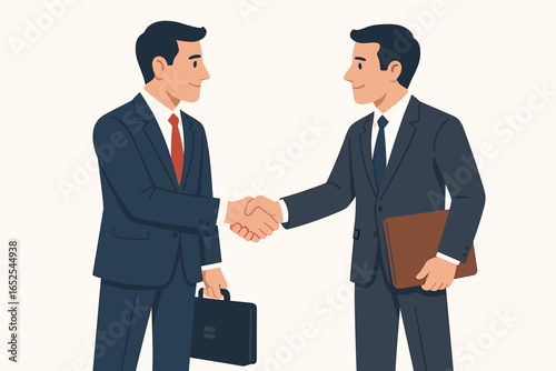 Two businessmen shaking hands. Business deal success. Corporate partnership and agreement concept. Welcome handshake negotiation. Professional vector cartoon illustration.