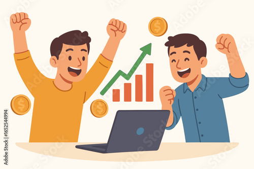 Two casual investors cheer at stock market success. Happy men celebrate financial profit and return on investment looking at laptop with rising growth chart and coins.