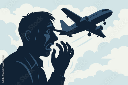 Fear of flying concept. Man with aerophobia or flying anxiety. Silhouette of a male person in panic and stressed. Airplane in the sky. Mental health vector cartoon.