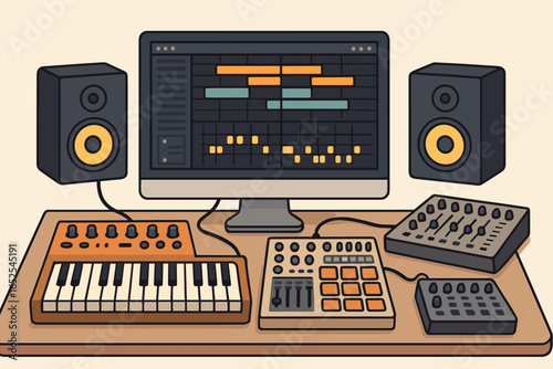Home studio music production vector illustration. Digital Audio Workstation, synthesizer, drum machine, and speakers for recording, composing and beat making.