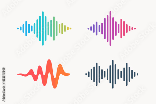 Audio spectrum sound wave vector icon set. Colorful music and voice track equalizer graphics. Soundwave, frequency, amplitude, pulse, and rhythm signal icons for podcast.