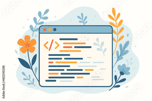 Development code abstract programming language. Web window with decorative floral design elements. Software, html, css, javascript app concept. Flat vector cartoon.