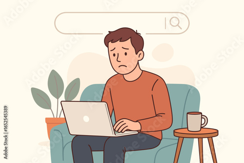 Unemployed man searching for a job online with a laptop. Job search concept. Looking for work from home. Unemployment, career crisis metaphor. Sad, frustrated person. Jobless.