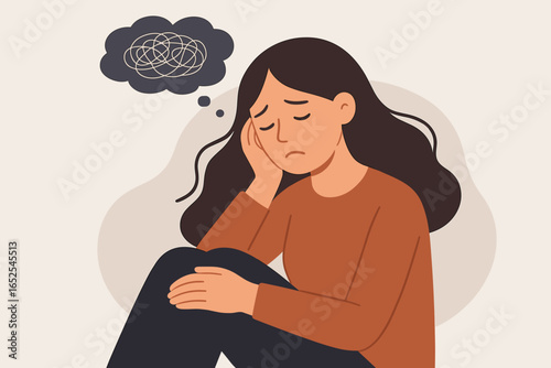 Depressed sad lonely woman with anxiety. Tangled thoughts, mental health problem. Burnout, stress, brain fog, emotional exhaustion. Psychology concept vector illustration.
