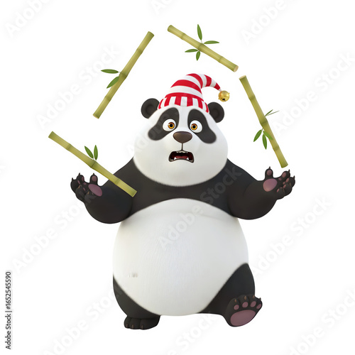 Funny 3D Panda trying to juggle bamboo sticks transparent background 