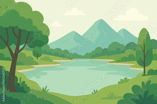 Calm nature background vector illustration. Landscape with lake, trees and mountains in the distance. Relaxing scenery concept. Vector cartoon flat illustration for banner.