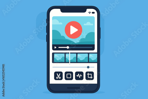 Video editing app on smartphone screen. Mobile phone with video editor software interface for vlogging and content creation. Concept for creating social media content.
