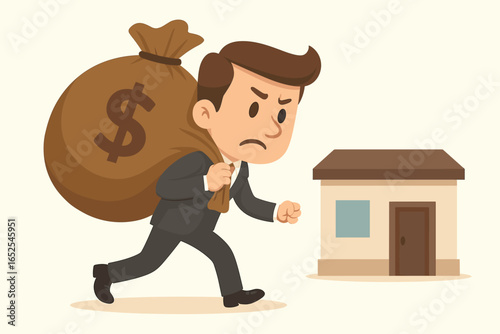 Businessman paying high taxes. Man in suit carries heavy money bag to tax office. Financial burden, debt, and payment obligation concept. Cartoon vector character illustration.