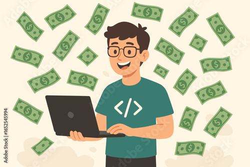 Happy developer with laptop under money rain. Successful programmer, coder salary concept. Online business, freelance income, profit, wealth. IT worker earning cash vector.