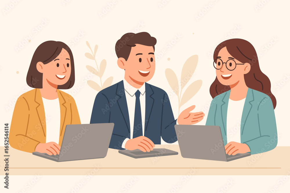 Business team collaboration. Group of happy people working on laptops in an office meeting. Man and women coworkers talking, discussing strategy. Corporate teamwork concept. Business team collaboration. Group of happy people working on laptops in an office meeting. Man and women coworkers talking, discussing strategy. Corporate teamwork concept.