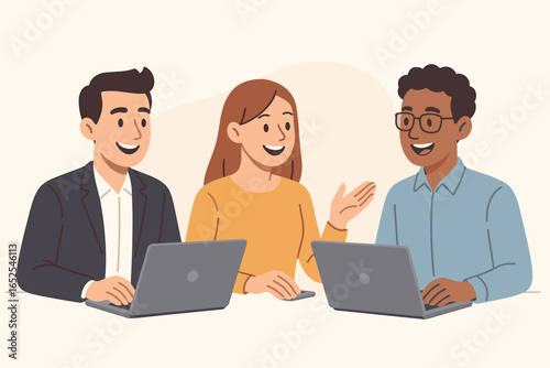 Diverse team working together in office. Colleagues discussing project on laptops. Business people communication, brainstorming concept. Coworking, collaboration vector.