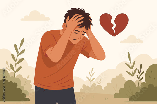 Heartbreak and divorce concept. Sad young man frustrated and alone in nature. Broken heart symbol of breakup, grief, and despair. Mental health, depression, anxiety vector.