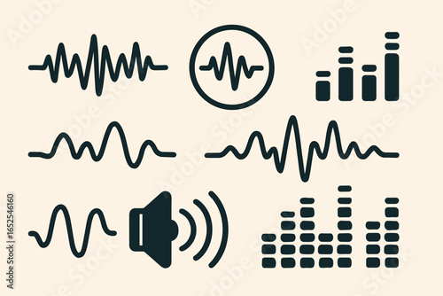 Sound wave vector icon set. Audio graph spectrum collection for music production. Voice recording frequency and equaliser symbols. Digital sound signal and waveform design.