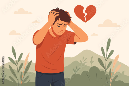 Man with broken heart. Heartbreak, desperate, sad, frustrated person. Mental health, depression, anxiety concept. Unhappy lonely boy in nature. Breakup, divorce, crisis.