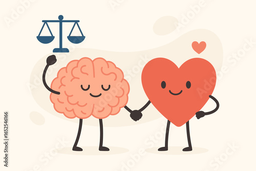 Emotional intelligence. Heart and brain characters finding balance between feelings and logical thinking. Self-control, empathy, and mental health harmony concept vector.