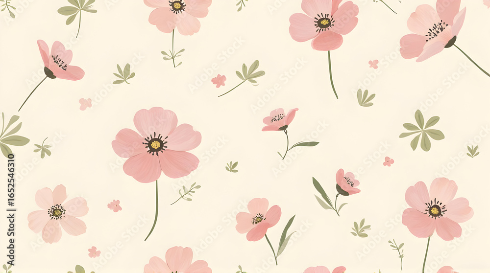 Fototapeta premium Pink Floral Pattern Design with Delicate Flowers and Green Leaves