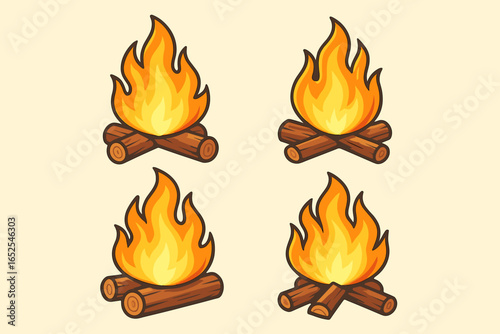 Set of four vector campfire and bonfire illustrations. Cartoon style fire with burning logs. Graphic element for camping, adventure, and outdoor themes. Isolated hot flame icon.