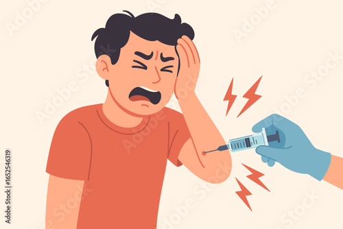 Man suffering from needle pain during vaccination. Concept of trypanophobia, fear of needles. Scared patient getting a vaccine injection. Vector flat cartoon illustration.
