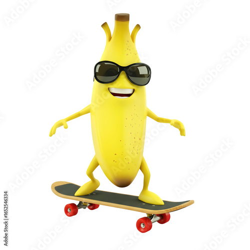 Smiling 3D Banana riding a skateboard with cool sunglasses  transparent background 