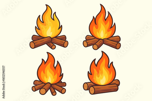 Set of campfires vector cartoon illustrations. Collection of bonfire graphic elements for design. Firewood, flame, and heat symbols for camping, nature, and adventure.