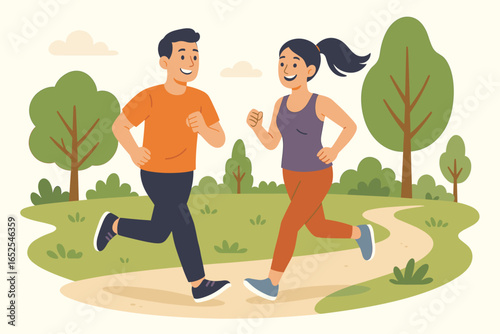 Man and woman jogging together in the park. Couple running workout outdoor. Happy smiling people exercising. Healthy lifestyle concept. Flat design vector illustration.