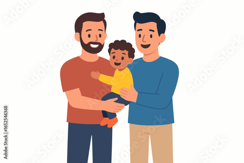 Happy gay couple with adopted child. Two fathers holding their son. Homosexual family, parenting and tolerance concept. LGBT pride and love. Flat vector illustration.