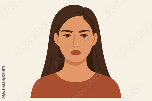 Vector illustration of a young woman's face. Portrait of a beautiful girl with long brown hair and a serious expression. Concept for avatar, user persona, or profile picture.